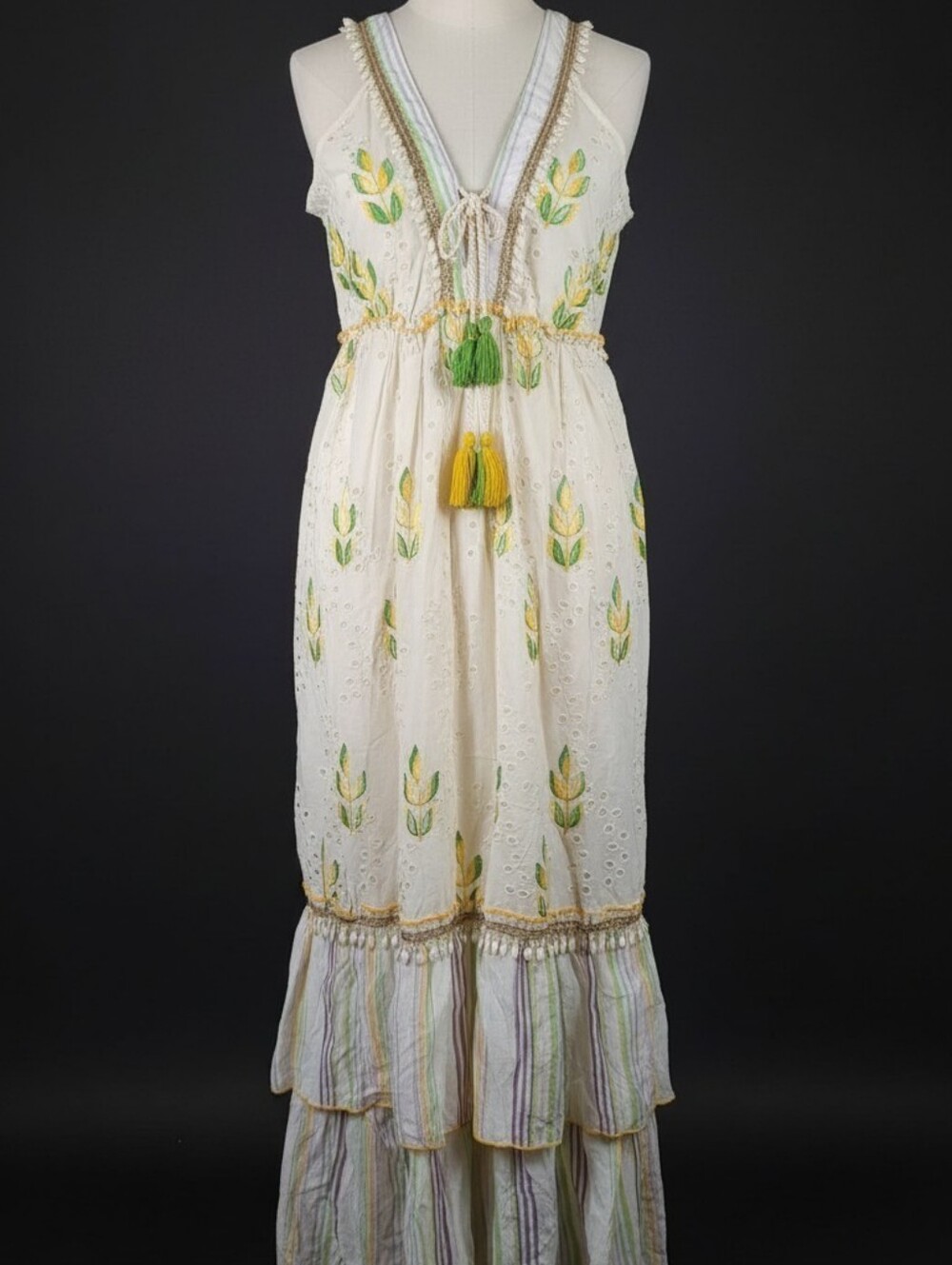 Sleeveless Cream Embroidered Tassel Sundress